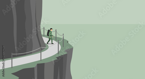 Adventure Awaits Man Hiking Along Dangerous Cliff Path With Backpack