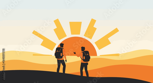Adventure Awaits: Two Hikers Exploring The Desert Landscape At Sunset Journey