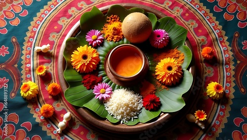 Top view of traditional Ganesh Chaturthi puja thali with kalash, coconut, flowers, turmeric, kumkum, rice grains, and decorated betel leaves, on colorful ethnic cloth.
