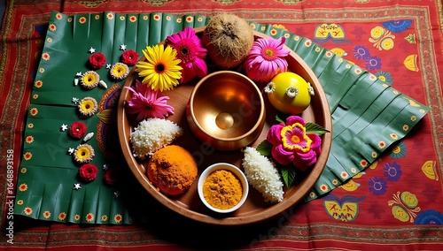 Top view of traditional Ganesh Chaturthi puja thali with kalash, coconut, flowers, turmeric, kumkum, rice grains, and decorated betel leaves, on colorful ethnic cloth.
