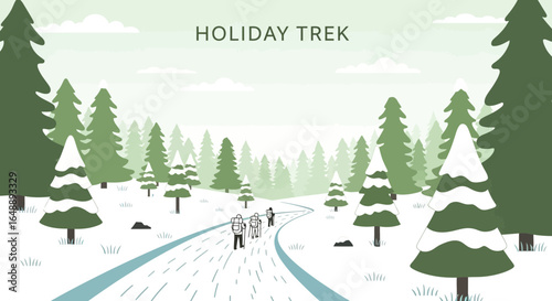 Adventurous holiday trek in the winter forest with hiking and snow covered trees