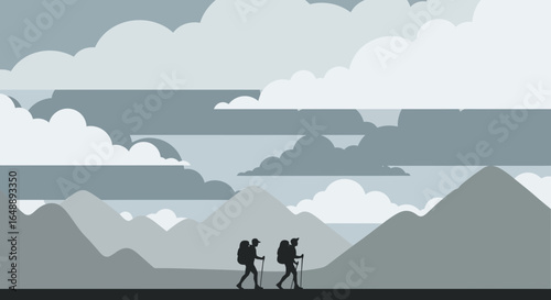 Adventurous Journey: Hikers Exploring Majestic Mountain Landscape Under Cloudy Sky