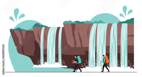 Adventurous journey: Hikers exploring a breathtaking waterfall landscape with backpacks and trekking poles