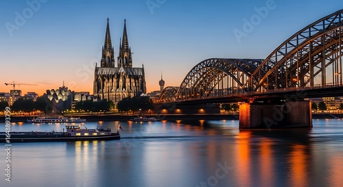 Picturesque Cologne Skyline at Twilight: Cathedral and Hohenzollern Bridge over the Rhine River