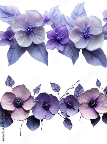 bas-relief art beautifully of Many fresh floral composition, blue lilak white flowers, tones inspired by Arts and Crafts colors. The petals have a flowing, painterly texture, dreamlike aura