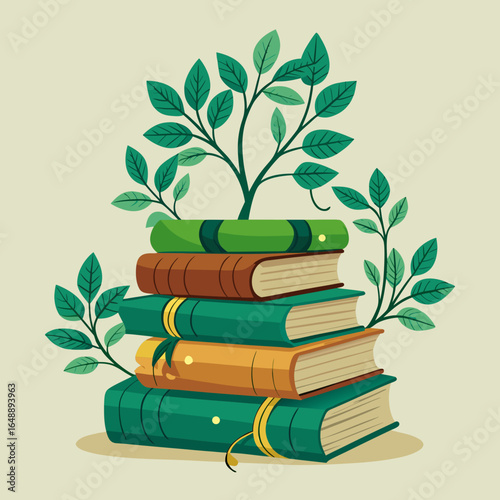 Stack of books with a growing plant emerging from the top