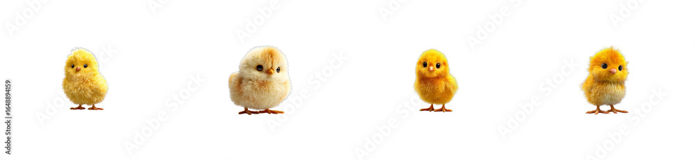 Obraz premium Four Fluffy Yellow Chicks Standing and Looking, cut out transparent