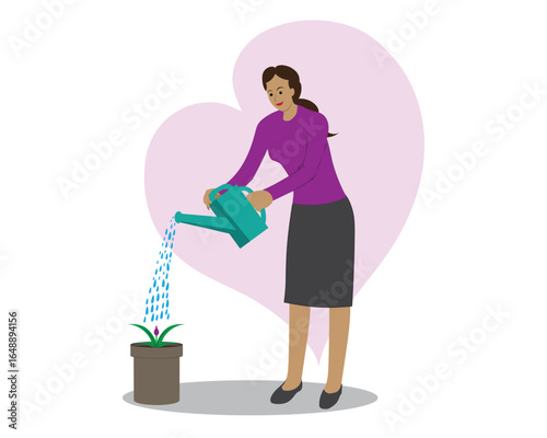 Vector illustration design of a woman watering a newly sprouted plant in a pot.