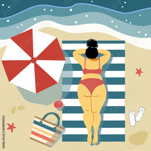 Woman relaxing on beach towel with umbrella and sea view – summer vacation illustration