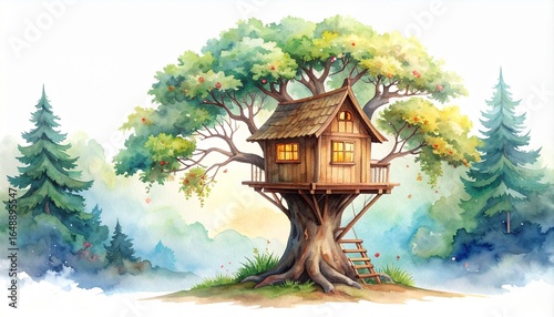 “Watercolor style illustration of a cozy treehouse hidden among tall misty forest trees, warm glowing windows, soft morning light, painterly brush strokes.”
