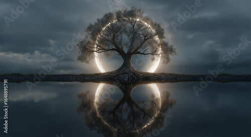 Yggdrasil, the tree of life, with a pick moon in the background and a water reflection, sunset, sky, sun, water, sea, sunrise, nature, landscape, clouds, cloud, ocean, beach, reflection, orange, lake,