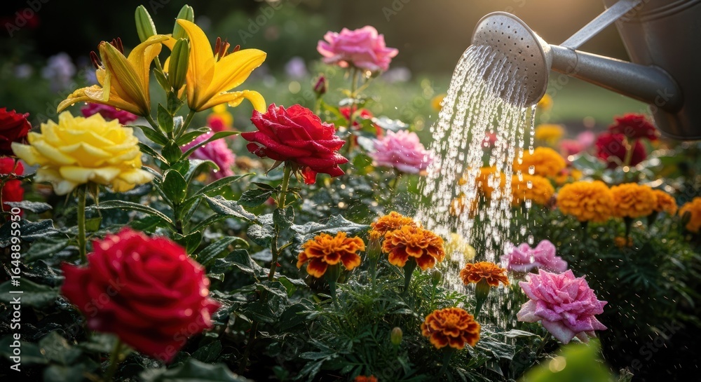 Obraz premium Watering colorful flowers in a garden bed. Sunlight streams down on a metal watering can pouring water onto vibrant roses, lilies, and marigolds