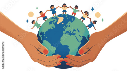 Protecting the Earth Children Holding Hands Around Globe Representing Unity Diversity and Global Harmony with Hands Cradling the Planet Symbolizing Care and Responsibility