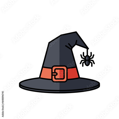 Witch hat with spider  orange belt for halloweenthemed designs. Perfect for spooky graphics, holiday decorations, party invitations, and festive merchandise.