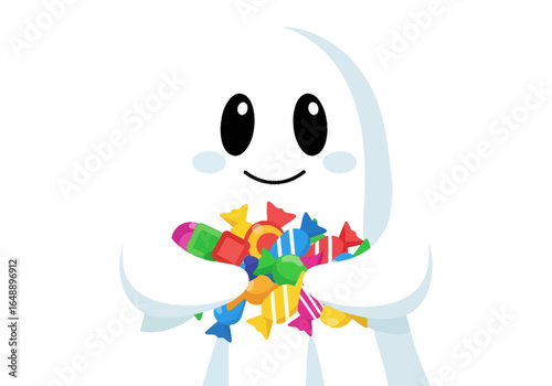 Cute white character cheerfully holds a colorful candy assortment, perfect for promoting sweet treats or candy stores in designs.