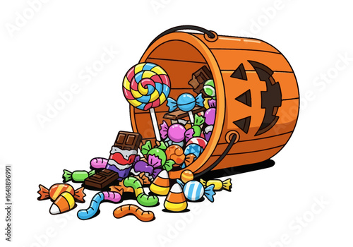 Pumpkin bucket overflowing with assorted halloween candies perfect for festive holiday designs, posters, autumn promotions, and sweetthemed projects.