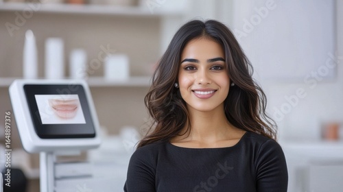young indian woman smiling seated in modern skincare lab Free Download young indian woman smiling seated in modern skincare lab - GFXLoad