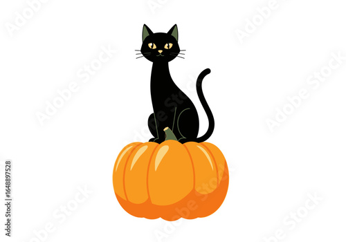 Black cat on orange pumpkin halloween illustration suitable for greeting cards, invitations, posters, and social media posts.