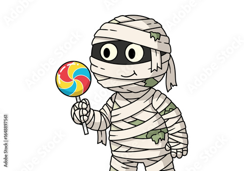 Mummy with lollipop celebrating halloween, great for festive designs, party invitations, and seasonal marketing materials for spooky events.