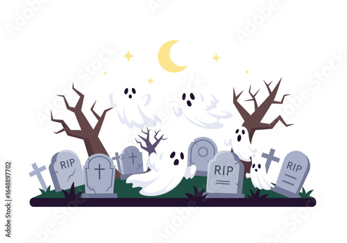 Spooky halloween graveyard scene with ghosts, trees, tombstones, and a moon for halloween backgrounds or decorations. Suitable for halloweenthemed projects.