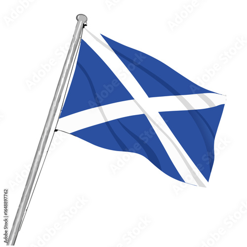 Waving scottish flag on a flagpole against a black background