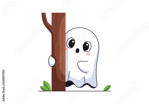 Suitable for halloween designs, childrens book illustrations, greeting cards, and themed decorations. Adorable ghost peeking out from behind a tree.