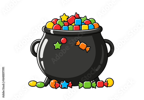 Cauldron holds a pile of colorful candy for halloween illustrations. Perfect for festive designs, halloween graphics, spooky themes.