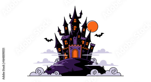 Spooky halloween castle with bats, full moon. Great for halloween promotions, website graphics, social media posts, and seasonal illustrations.