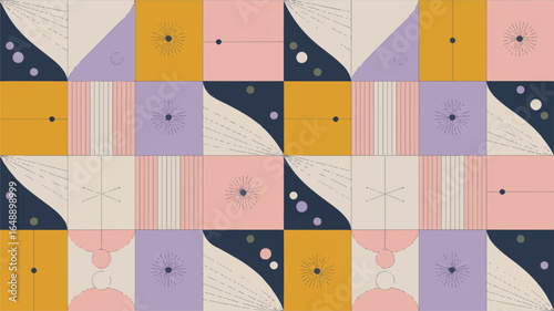 Retro Geometric Pattern with Pastel Colors and Abstract Shapes for Modern Backgrounds and Creative Design Projects Featuring Squares Circles Lines and Starbursts Providing a Vintage Inspired Aesthetic