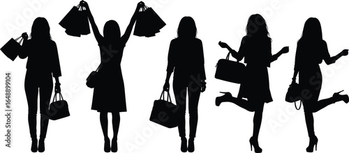 Women shopping silhouette, female shoppers holding bags, fashion style, retail therapy, modern lifestyle, shopping spree, stylish poses, black silhouette, consumerism, joy