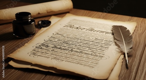 Aged parchment documents, inkwell, quill
