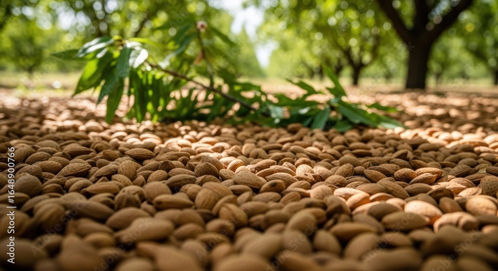 Obraz premium Almond harvest; nuts spread on ground