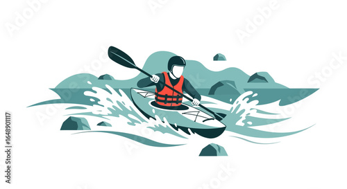 Adventurous Kayaker Navigating Rapids Through Scenic Waterscape With Rocks Around
