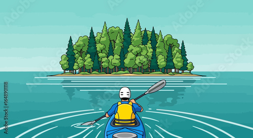 Adventurous Kayaker Exploring A Secluded Island On The Open Water With Calm Seas
