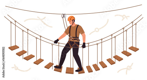 Adventurous Man Balancing On A Rope Bridge In An Adventure Park