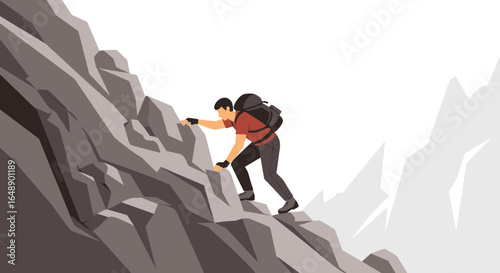 Adventurous Man Climbing A Rugged Mountain Trail With Backpack Illustration