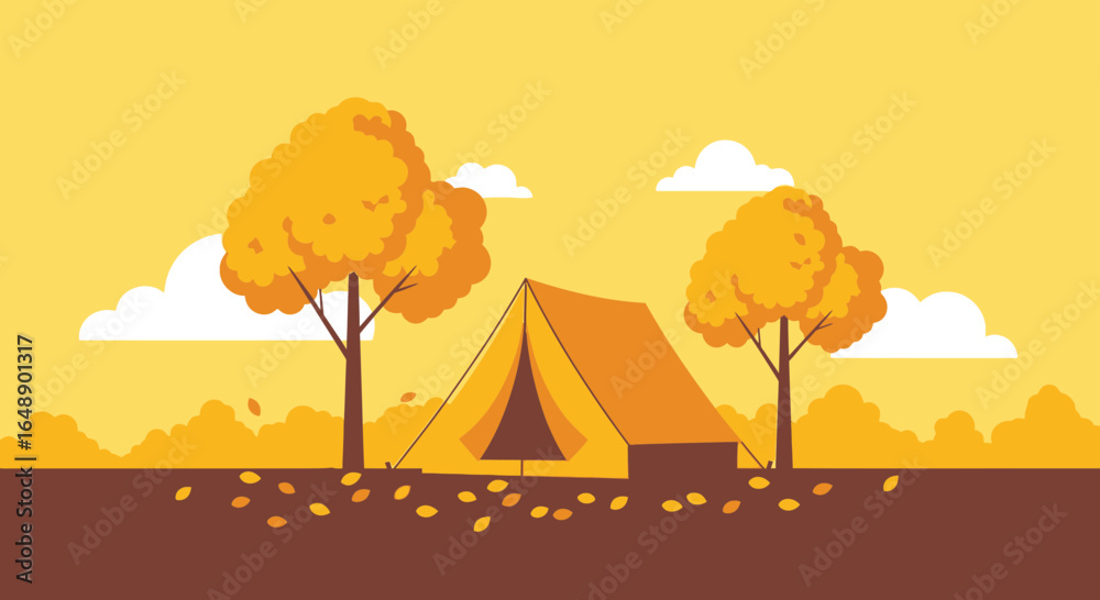 Fototapeta premium Autumn Camping Adventure Vector Illustration featuring Tent and Colorful Trees