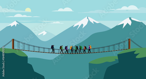 Adventurous People Crossing Suspended Bridge With Mountain Views Backdrop