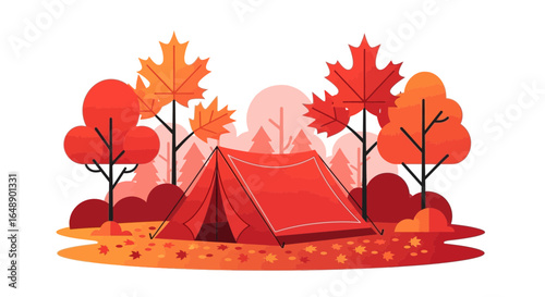 Autumn camping adventure with red tent surrounded by falling leaves and forest trees