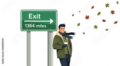 Autumn Escape Young Man Near Exit Sign Long Road Trip Travel Adventure
