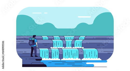 Adventurous traveler enjoying the view of a tiered waterfall surrounded by mountains serene nature vector illustration capturing outdoor