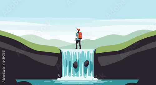 Adventurous Tourist Enjoying Scenic View from a Waterfall Cliff Top Journey