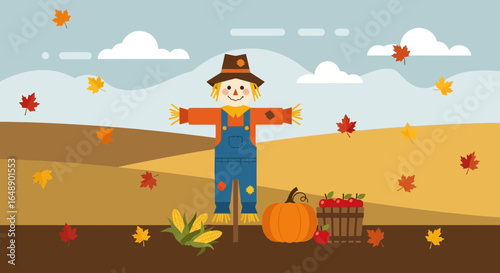 Autumn Harvest Scene Featuring Scarecrow Pumpkin And Falling Leaves