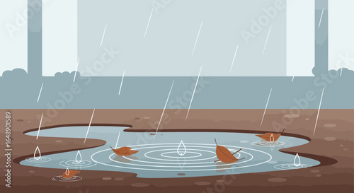 Autumn Rain Puddle Reflection Cartoon Landscape with Falling Leaves and Water Ripples Depicting Seasonal Weather Conditions