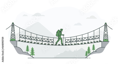 Adventurous Trekking Across Suspension Bridge with Mountains as a Backdrop