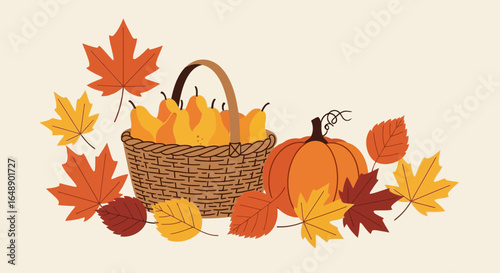 Autumnal Abundance Basket With Pears And Pumpkin Amidst Colorful Fall Leaves
