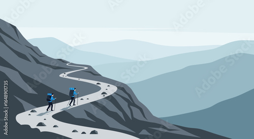 Adventurous Trekking Through Mountains Landscape With Backpacking Couple