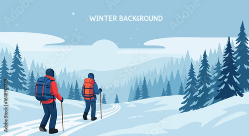 Adventurous Winter Trekking Through Snow Covered Pine Forest Landscape