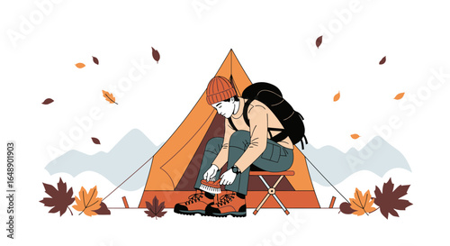 Autumnal Adventure Man Cleaning Boots at Campsite with Falling Leaves