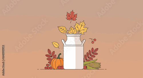 Autumnal Arrangement Milk Can with Fall Leaves and Pumpkin Elegant Vector Illustration